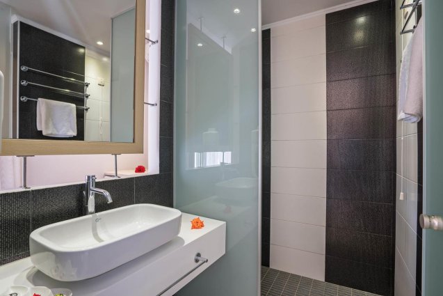 Badkamer van een tweepersoonskamer van Aparthotel Apollo in Kreta